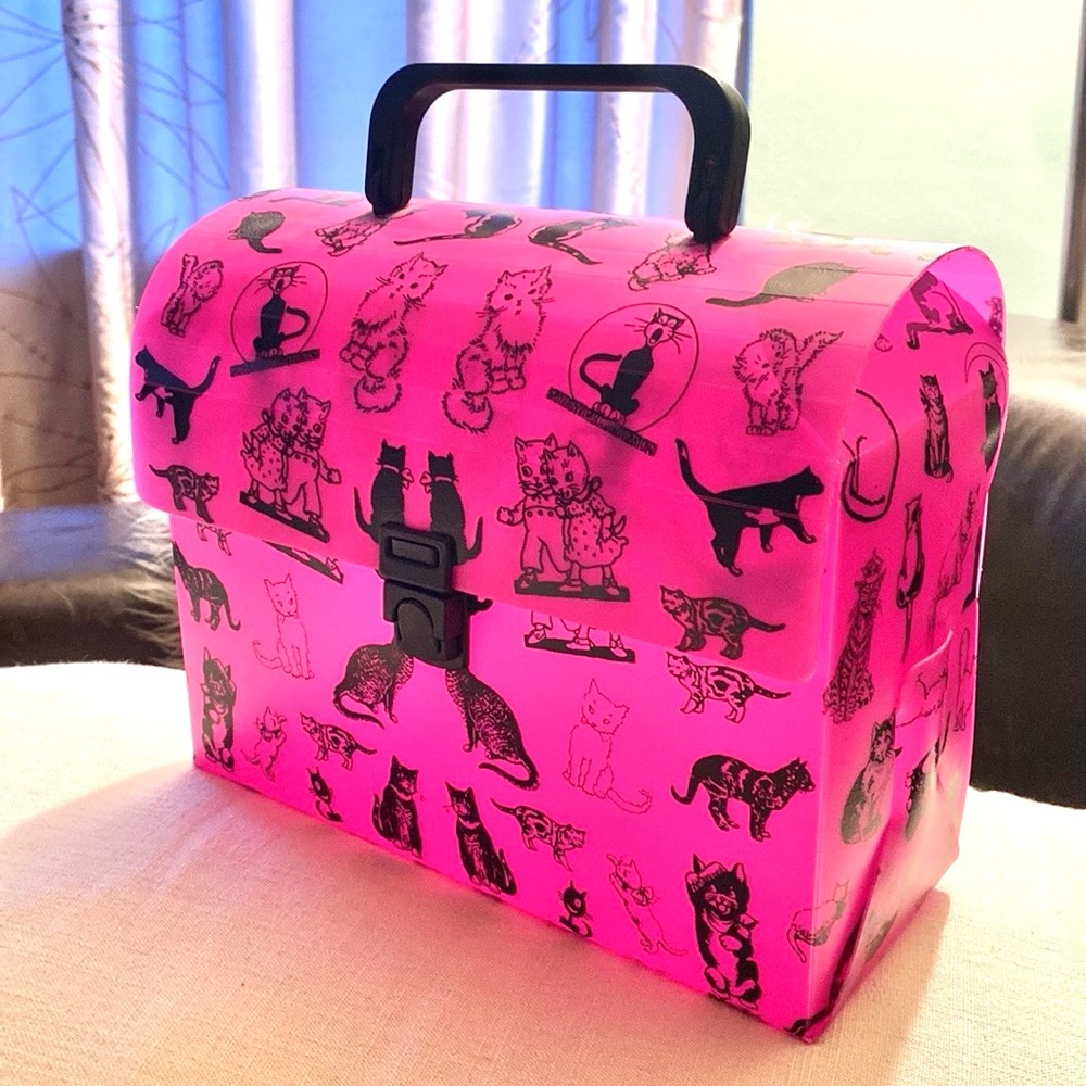 Traffic Pink & Black Kitty Cat Pattern Flexible Plastic Purse/Lunchbox